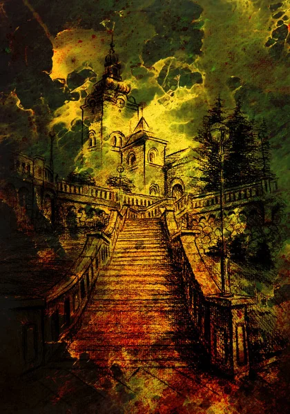 Church Staircaise Pencil Drawing Paper Magical Colorful Effect — Stock Photo, Image