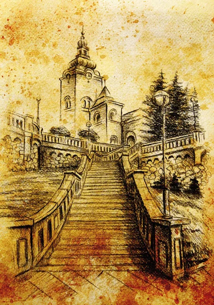 Igreja Escadaria Desenho Lápis Sobre Papel Efeito Vintage — Fotografia de Stock