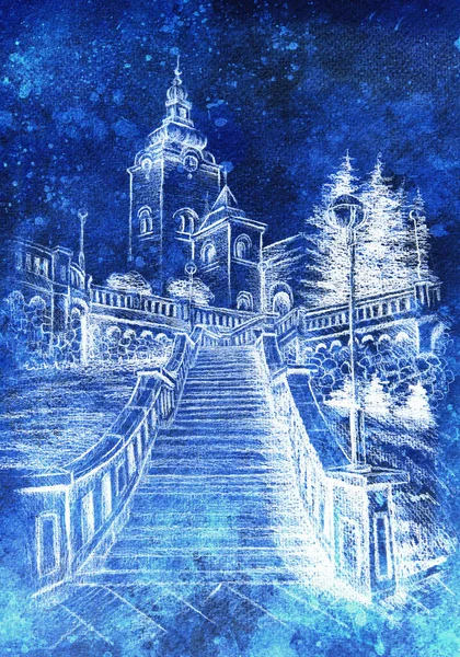 Igreja Escadaria Desenho Lápis Sobre Papel Fundo Noturno — Fotografia de Stock