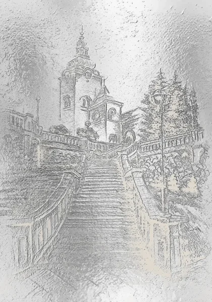 Église Escalier Dessin Crayon Sur Papier Effet Métalique — Photo