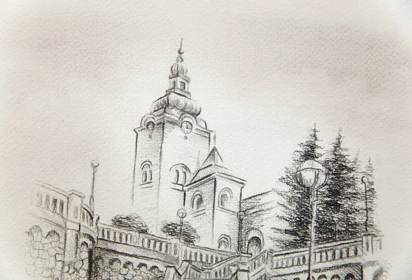 旧市街の教会や紙に鉛筆画を描くことで — ストック写真