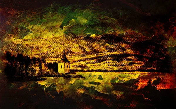 Göl Şapel Dağlarla Kaplı Arazi Manzarası Kalem Çizimi Sihirli Renk — Stok fotoğraf