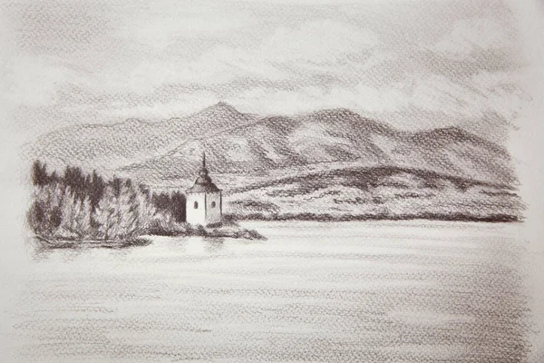 Göl Şapel Dağlarla Kaplı Arazi Manzarası Kalem Çizimi — Stok fotoğraf
