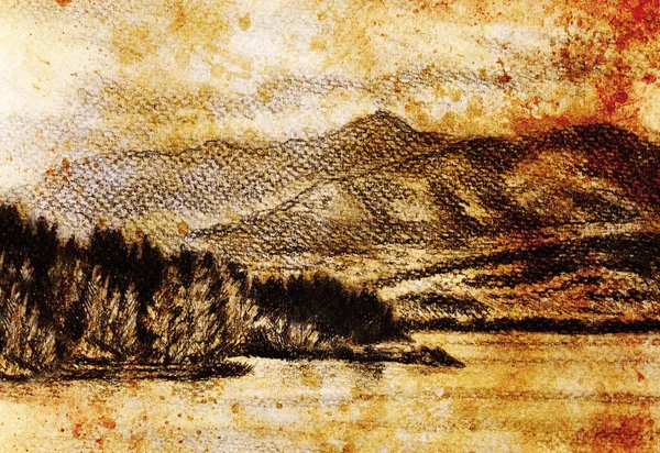 Cenário Lanscape Com Lago Montanhas Desenho Lápis Efeito Vintage — Fotografia de Stock