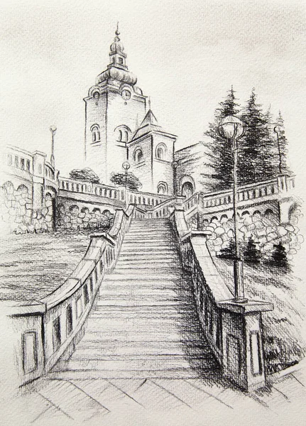 Iglesia Dominante Casco Antiguo Dibujo Lápiz Sobre Papel — Foto de Stock