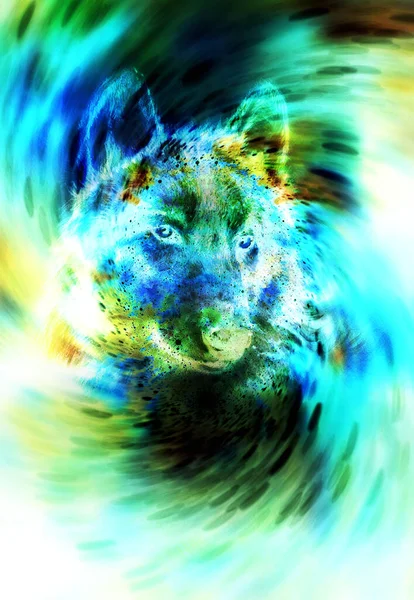 宇宙光の渦の中の魔法の狼コンピュータ グラフィック コラージュ — ストック写真
