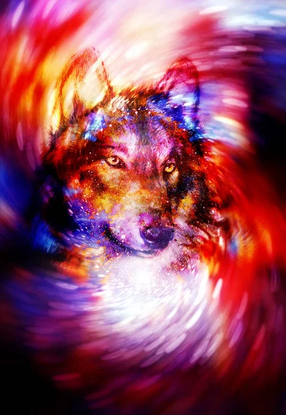 宇宙光の渦の中の魔法の狼コンピュータ グラフィック コラージュ — ストック写真