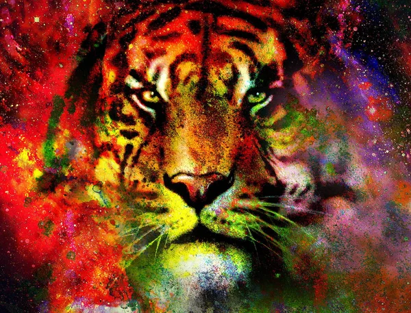 Magical Space Tiger Multicolor Computer Graphic Collage — Stock Photo, Image