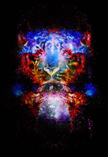 Магический Космический Тигр Многоцветный Компьютерный Графический Коллаж — стоковое фото