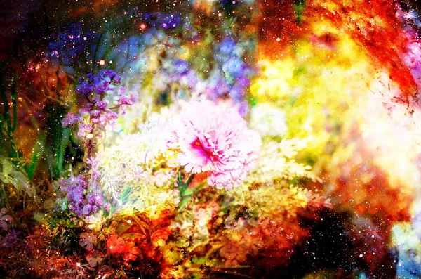 Abstrakte Mehrfarbige Blumenmotiv Collage Mit Dynamischem Feuereffekt Raum — Stockfoto