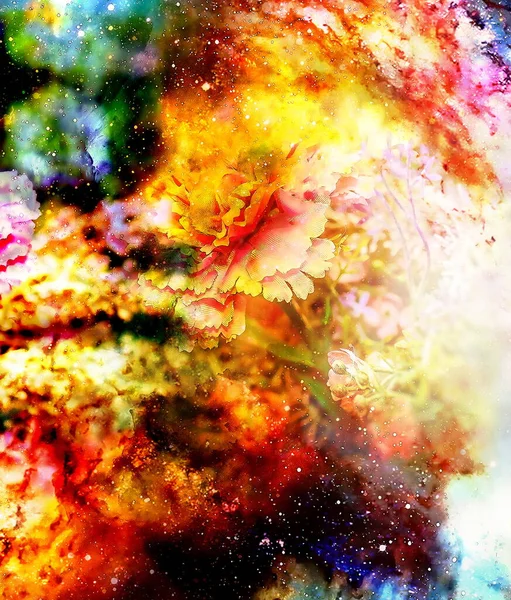 Abstrakte Mehrfarbige Blumenmotiv Collage Mit Dynamischem Feuereffekt Raum — Stockfoto