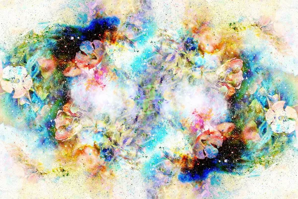Kosmische Ruimte Met Bloemen Kleur Galaxy Achtergrond Computer Collage — Stockfoto