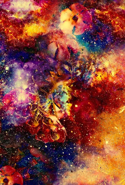 Absztrakt Többszínű Virág Motívum Kollázs Dinamikus Tűz Hatása Űrben — Stock Fotó