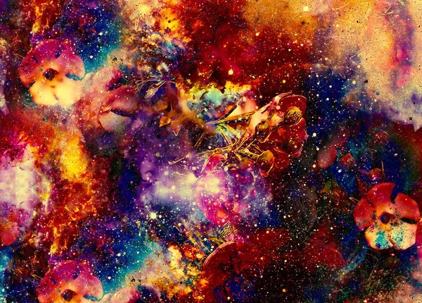 Collage Motivo Flor Multicolor Abstracto Con Efecto Fuego Dinámico Espacio — Foto de Stock