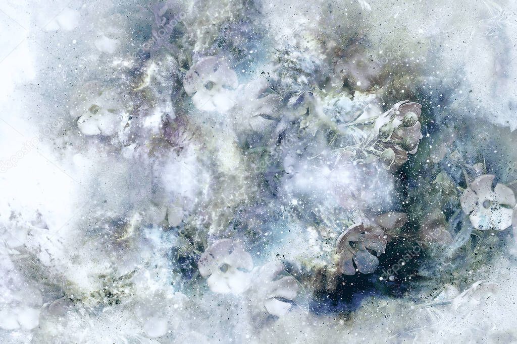 Flovers freezed under ice, abstract computer collage, winter motive