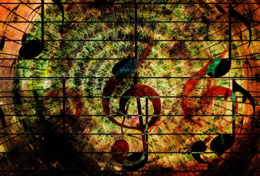 Müzik notası ve müzik demiri titreşimli müzik hoparlörü silueti ve yıldızlı uzay. Soyut renk arkaplanı. Müzik konsepti