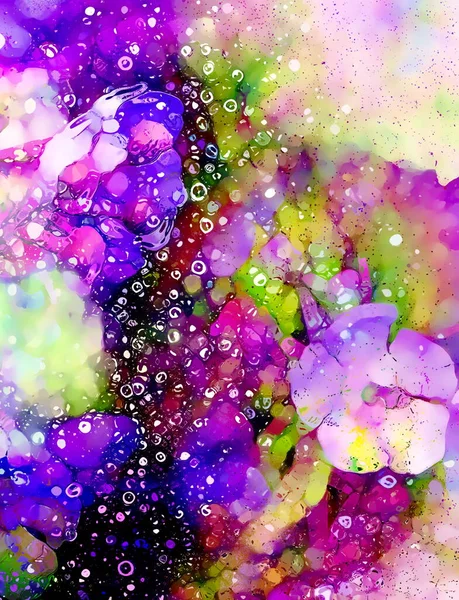 Schöne Abstrakte Collage Mit Blumenmotiv Und Sprühenden Blasen Computerkunst — Stockfoto