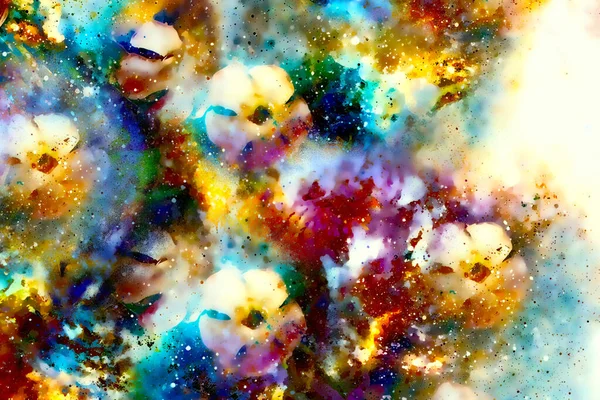 Abstrakt Multicolor Blomma Motiv Collage Med Dynamiska Eld Effekt Rymden — Stockfoto