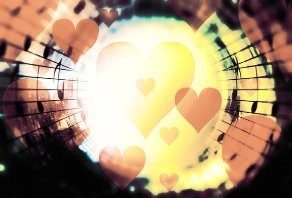 Piękny Kolaż Sercami Nutami Muzycznymi Przestrzeni Kosmicznej Symbolizujący Miłość Muzyki — Zdjęcie stockowe