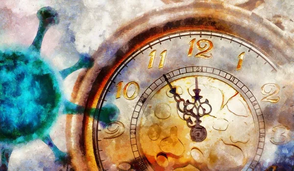 Coronavirus Reloj Mostrando Cinco Minutos Las Doce Tiempo Para Detenerse — Foto de Stock