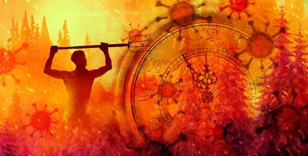 Coronavirus Clock Showing Five Minutes Twelve Time Stop Realize Values — Stock Photo, Image