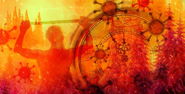 Coronavirus Reloj Mostrando Cinco Minutos Las Doce Tiempo Para Detenerse —  Fotos de Stock