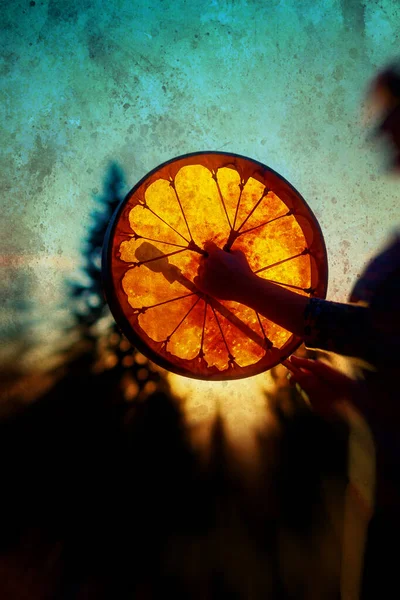 Beautiful Shamanic Girl Playing Shaman Frame Drum Nature Old Photo — Stock Photo, Image