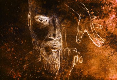 Gizemli Adam ve Elleri. Eski kağıda kalem çizimi. Renk efekti