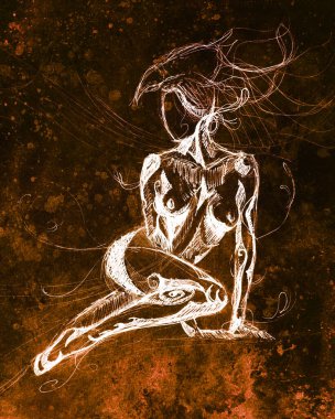 Gizemli kadın savaş başlığı ve kartal maskesi. Eski kağıda kalem çizimi. Renk efekti