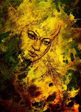 Mistik kadın savaş portresi. Eski kağıda kalem çizimi