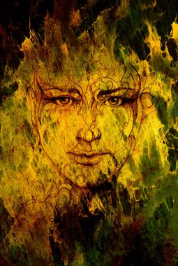 Gizemli adam yüzü ve süsü. Eski kağıda kalem çizimi