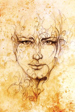 Gizemli adam yüzü ve süsü. Eski kağıda kalem çizimi