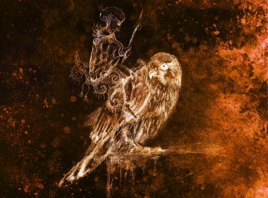 Şahinde Elf Savaşçısı. Eski kağıda kalem çizimi. Renk efekti