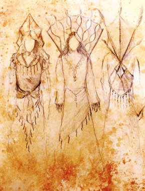 Orta yaş tasarımından esinlenmiş güzel elbiseli mistik kadın çizimi. Renk efekti