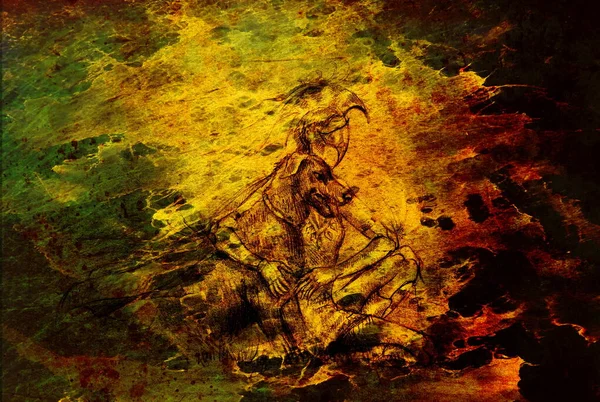Мистическая Женщина Воин Собака Пейзаже Карандашный Рисунок Старой Бумаге — стоковое фото