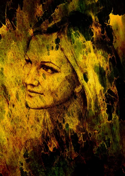 Porträtt Vacker Kvinna Pennteckning Gammalt Papper Färgeffekt — Stockfoto