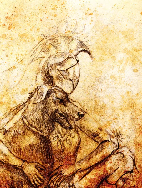 Mistik Kadın Savaşçı Köpek Eski Kağıda Kalem Çizimi — Stok fotoğraf