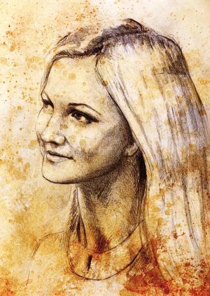 Portrait beautiful woman. pencil drawing on old paper. Color effect