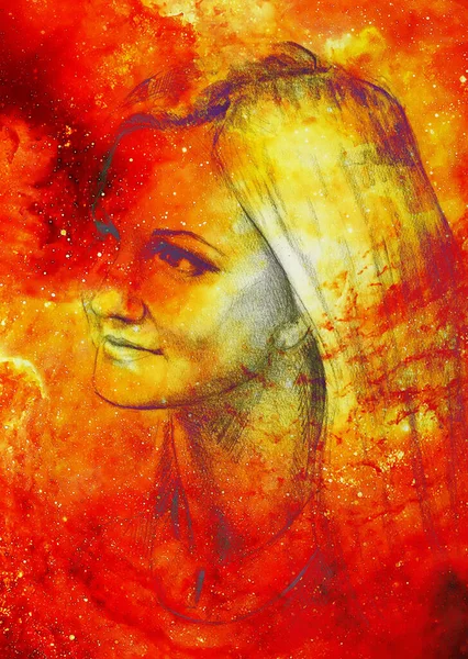 Retrato Mulher Bonita Desenho Lápis Espaço Cósmico — Fotografia de Stock