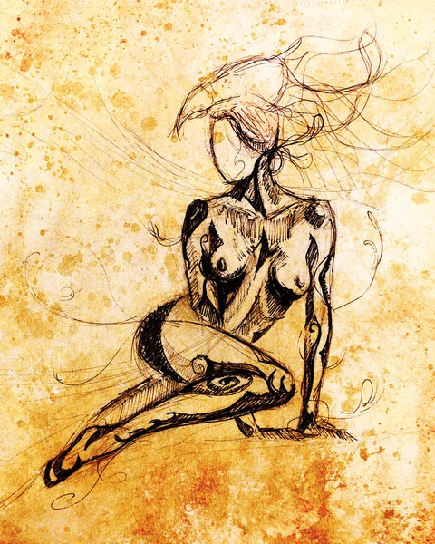 Мистическая Женщина Воин Орлиная Маска Карандашный Рисунок Старой Бумаге Цветной — стоковое фото