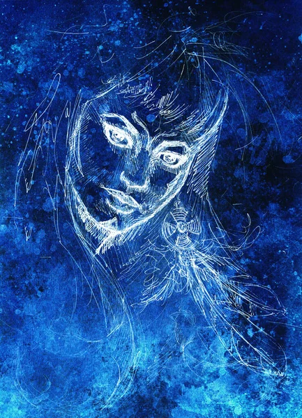 Mistyczna Kobieta Warior Portret Rysunek Ołówka Starym Papierze — Zdjęcie stockowe