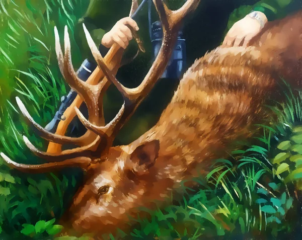 背景に鹿と鹿とハンターの油絵 グラフィック版 — ストック写真