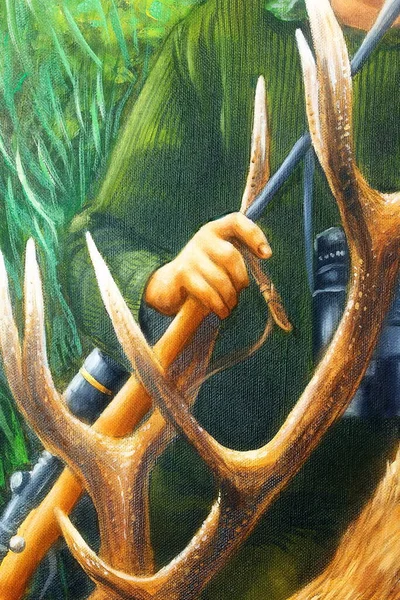 背景に銃を持った鹿の角やハンターの油彩画 — ストック写真
