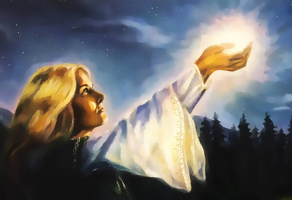 beautiful woman with hands holding light in nocturnal landscape, computer graphic from painting