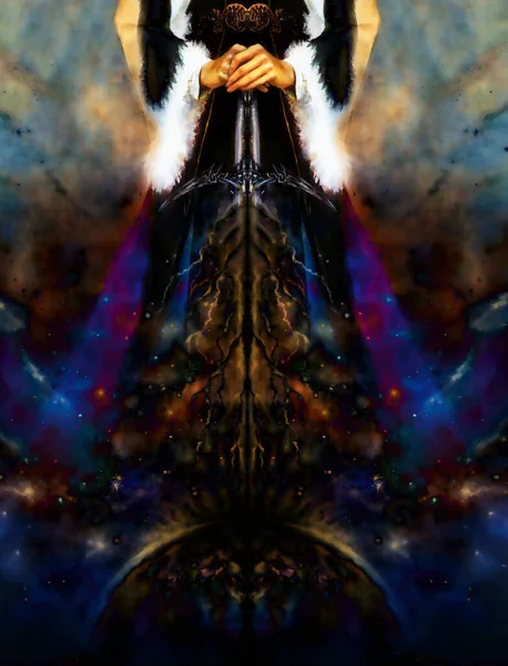Žena Držící Kosmický Lehký Meč Blesky Přicházejícími Zem Ornamentálním Opaskem — Stock fotografie