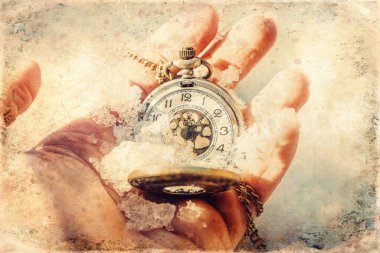 Historic watch in hand, old photo effect clipart