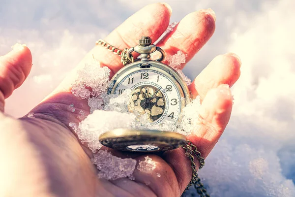 Historic Watch Hand Winter Background — Stock Photo, Image