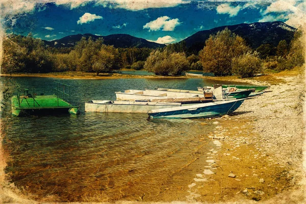 Boat Lake Shore Lake Background Old Photo Effect — Stock Photo, Image