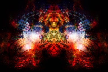 Davulcusu olan kadın davulcu, soyut yapılandırılmış arkaplan üzerine süslü darbuka.