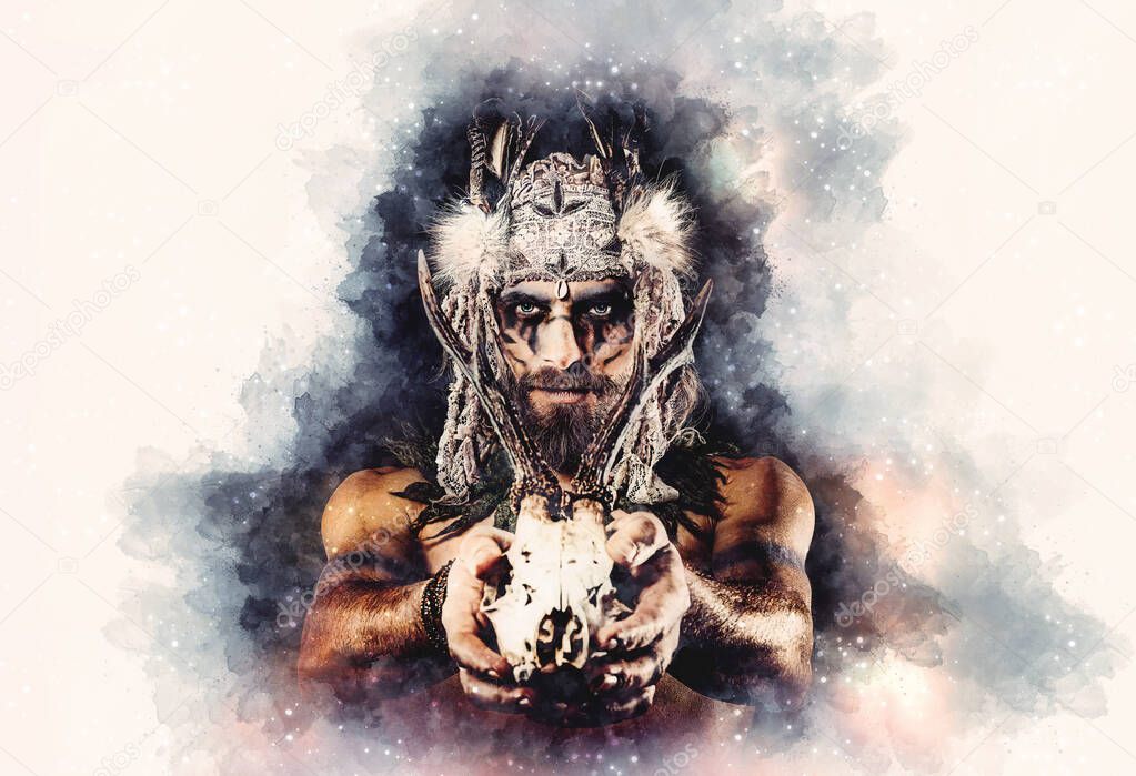 beautiful shamanic man with headband and deer skull